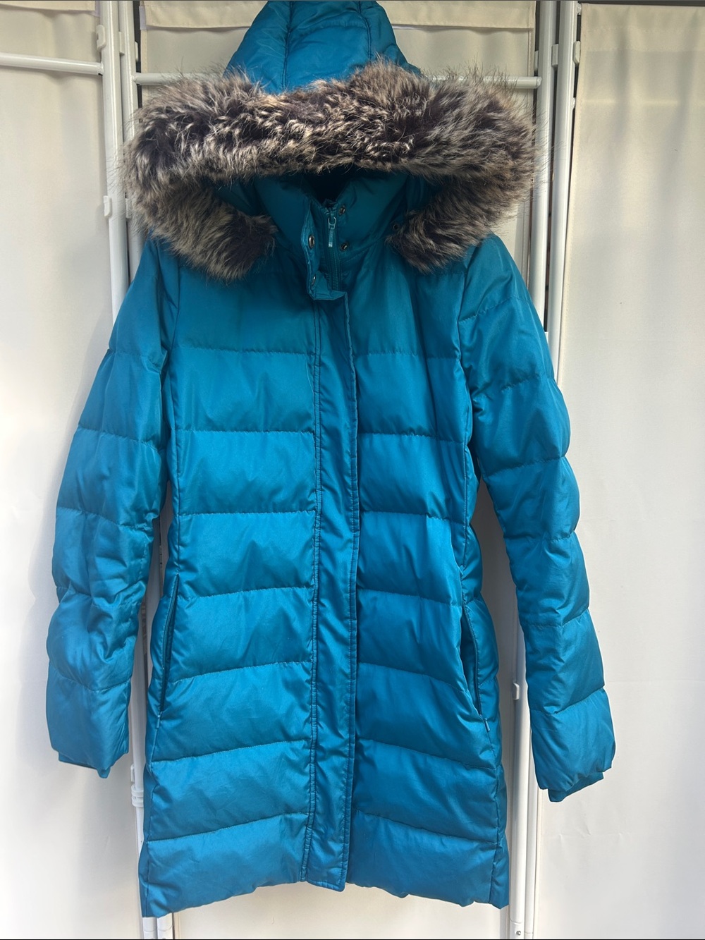 Lands' End Teal Long Puffer Coat with Faux Fur Trim Hood removable